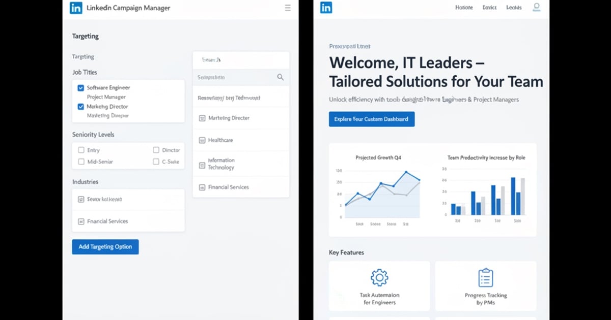 Split-screen showing LinkedIn targeting and personalized landing page